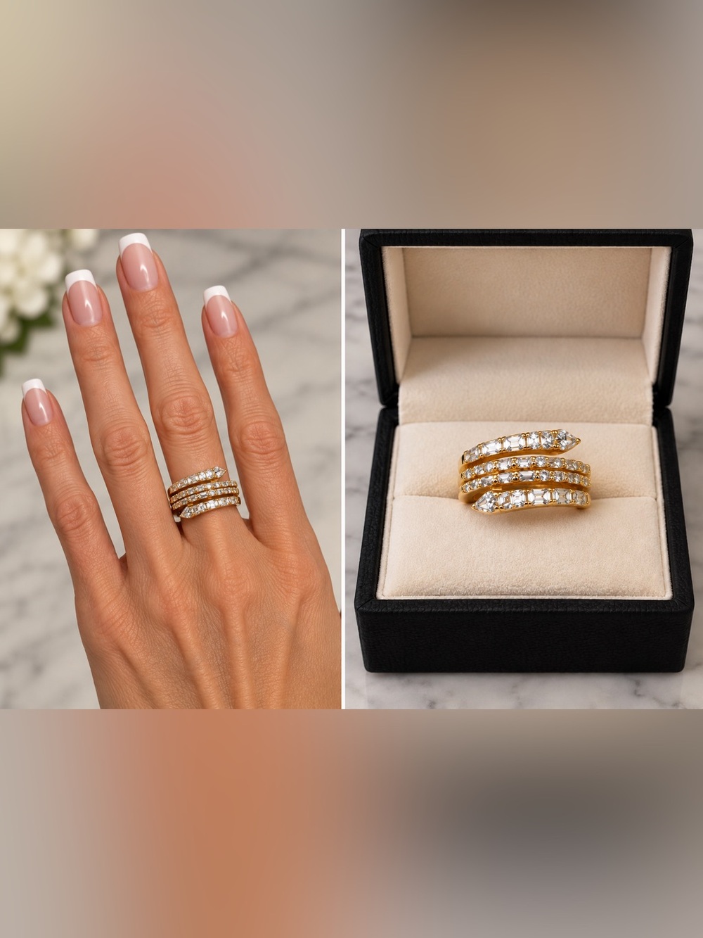 Gold Crystal Triple-Row Snake Ring Adjustable